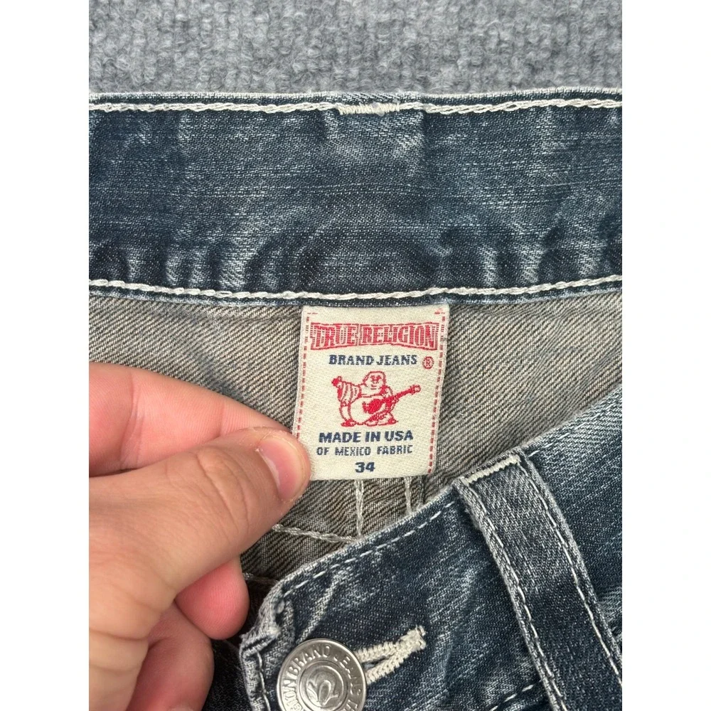 True Religion Straight Leg Distressed Blue Jeans Mens‎ 34 Made in USA Y2K Denim